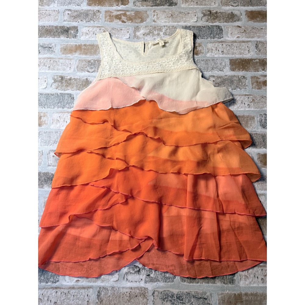 Hem & Thread Women Orange Ombre Tiered Ruffle Lace Sleeveless Blouse Top M 9530